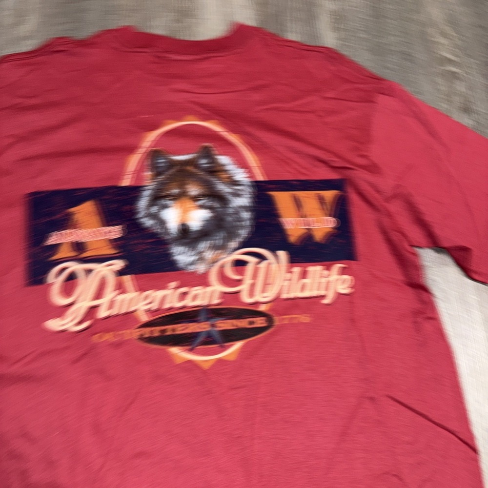 VTG 90s‎ American Wildlife Outfitters Wolf Animal Print T Shirt L Nature Red